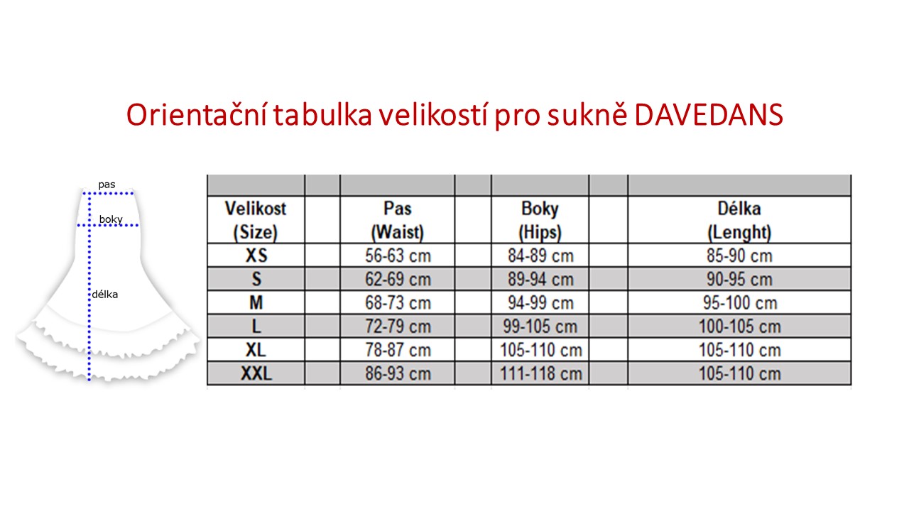Tabulky velikostí sukně Davedans